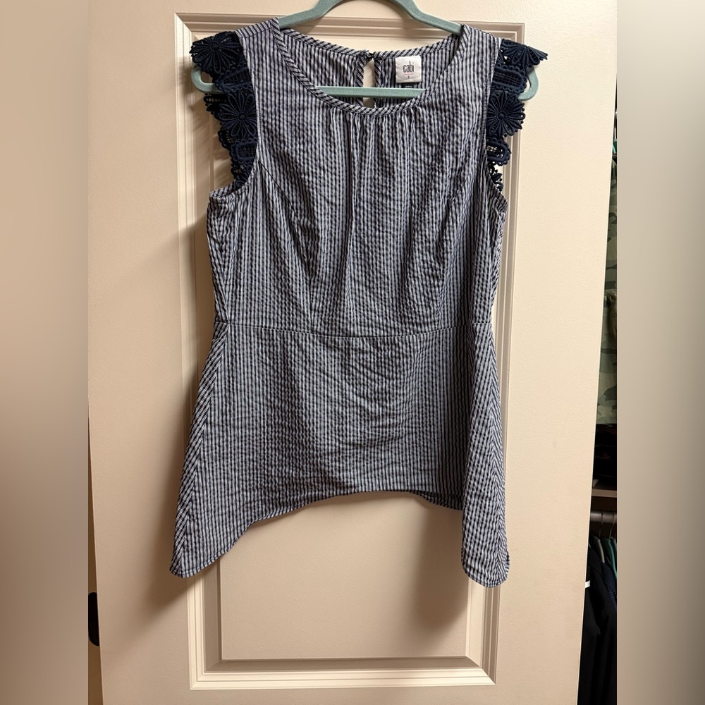 CAbi Navy and White Striped Blouse